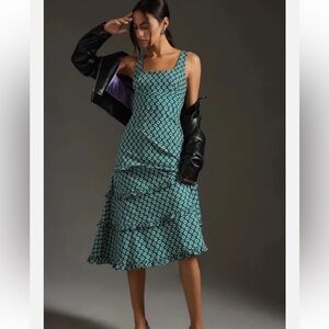 Anthropologie Blythe Square Neck Midi Dress XSP Dark Green Floral Smocked